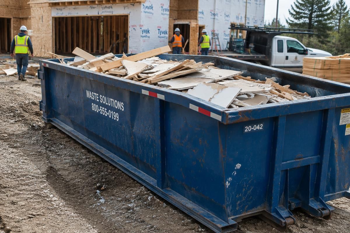 Roll-off dumpster loaded with construction debris at a job site